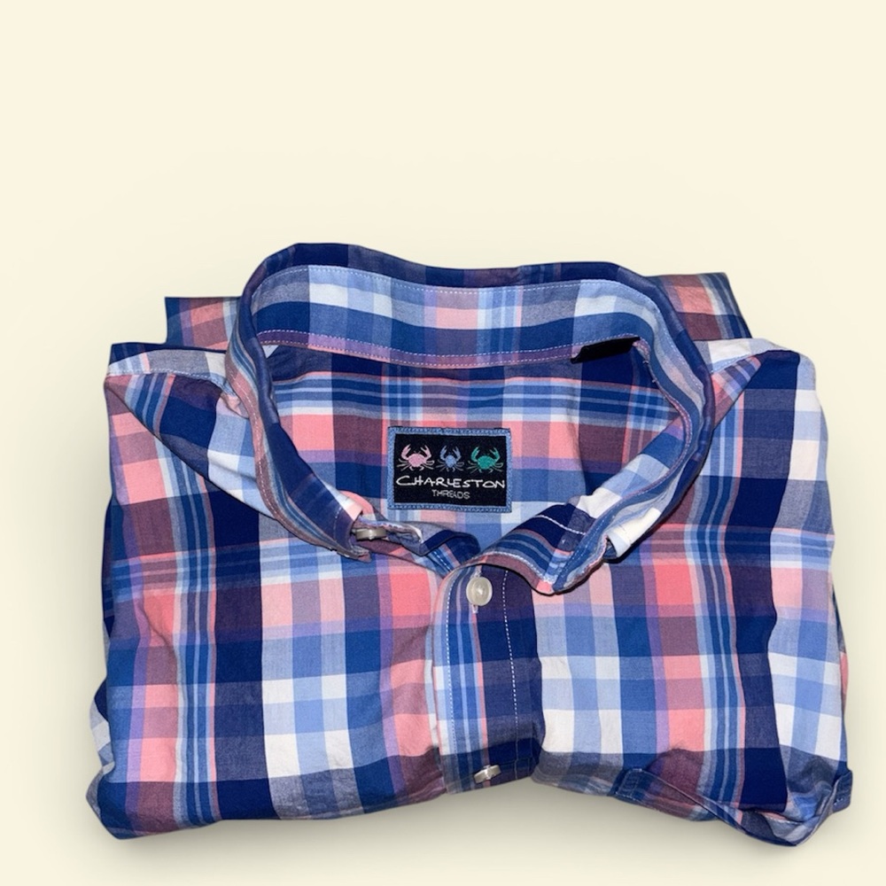 Mens Large Charleston‎ Threads Blue and Pink Plaid Men's Shirt